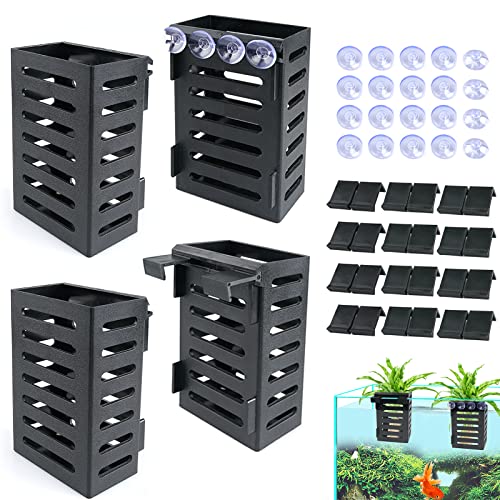 Aquarium Plant Holder 4 PCS Aquatic Plant Pot with 24 Hooks and 20 Suction Cups for Fish Tank Aquarium Planter and Aquascape Decorations (Black) - color: Black
