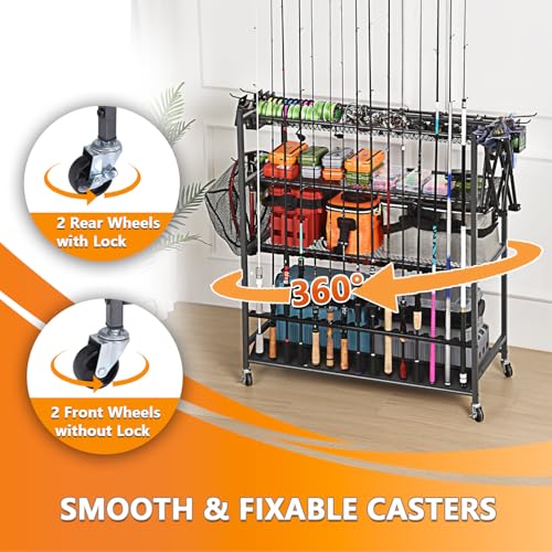 Heavy Duty Fishing Rod Rack, Fishing Organizer for Garage, Fishing Gear Holder for Garage with Movable Wheels - size: 15 Rods & Reel Storage