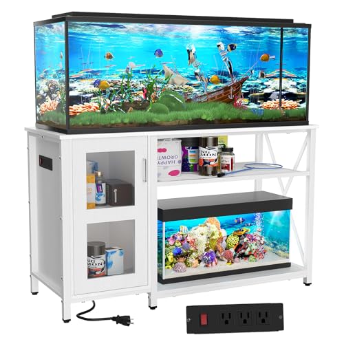 BEURUKU 55-75 Gallon Fish Tank Stand with Cabinet, Aquarium Stand for Fish Tank Accessories Storage, Heavy Duty Metal Terrarium Stand, 52" L*19" W Tabletop, 1200LBS Capacity, White - color: White, size: 55-75 Gallon