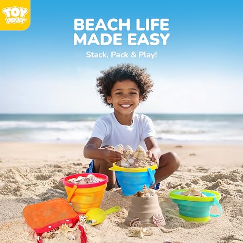 TOY Life Collapsible Beach Bucket Toys for Kids Beach Essentials with Portable 3 Seashell Bags & 3 Silicone Collapsible Sand Bucket & Shovels Travel Sand Toys Sandbox Toy for Fishing, Beach Party - color: Multicolor 3 Collapsible Buckets With 3 Bags