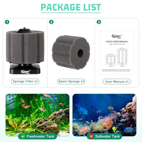 hygger Self-Sinking Sponge Filter for 3–30 Gallon Aquarium, Air Powered Foam Filter for Freshwater & Saltwater Tanks, Betta & Shrimp Safe - size: S