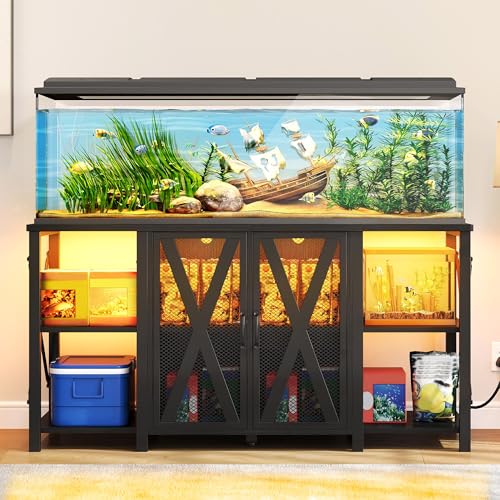 YITAHOME 90-120 Gallon Reptile Tank Stand with Power Outlet & LED Light, Heavy Duty Aquarium Stand w Accessories Storage Cabinet - Metal Fish Tank Stand for Turtle, Reptile, 2000LBS Capacity, Black - color: Black, size: 120 Gallon
