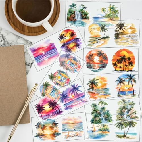21 Pcs Palm Beach UV DTF Cup Wraps for 16OZ Glass, 4.3 x 9.4 Inch Beach Sunset UV DTF Transfer Stickers Waterproof Rub on Transfer Decals for Glass Bottle Vase Furniture Crafts - style: Palm Beach