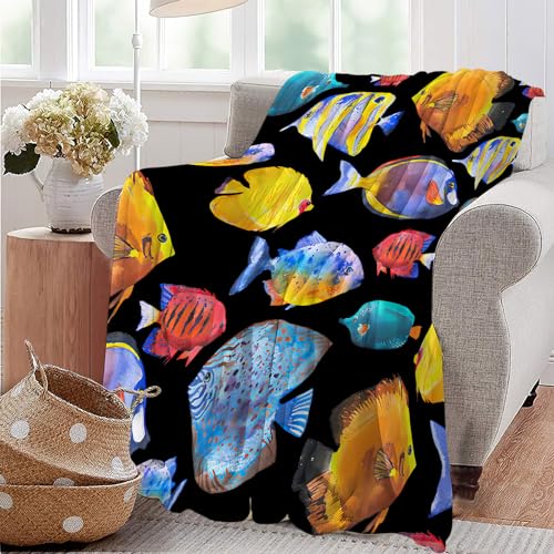 Tropical Fish Blanket Super Soft Warm Fluffy Flannel Colorful Fish Throw Blanket Cozy Fuzzy Plush Fishing Bedding Blanket Gift for Boys Girls Kids Teens Adults Couch Sofa 80"x60" - color: Colorful Fish, size: 80"x60"