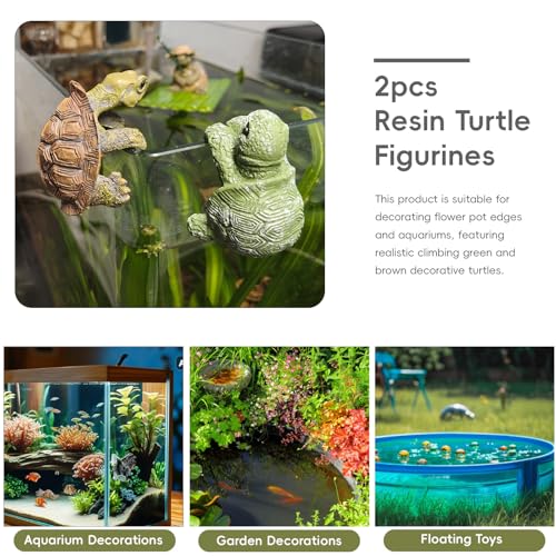 2pcs Resin Turtle Figurines for Pot Edge and Aquarium Decor, Realistic Climbing Green and Brown Decorative Turtles