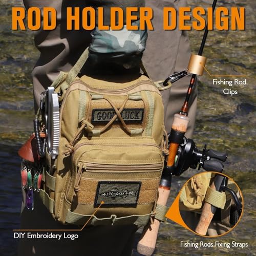 Dovesun Small Fishing Backpack, Waterproof Fly Fishing Sling Pack Tackle Bag with Tackle Boxes - color: B-Khaki(Size:17.7*8.5*5.7in)