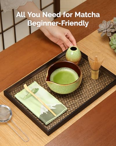 Maestri House Matcha Whisk Set, 7-Pc Complete Matcha Kit with Spouted Ceramic Bowl, Bamboo Whisk and Holder, Scoop, Spoon Rest & Sifter, Tea Cloth – Ideal Gift for Matcha Lovers (Verdant Abyss) - color: Verdant Abyss
