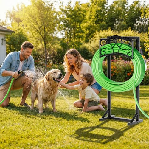 Heavy-Duty Garden Hose Holder with Tool Hooks and Stable Base, XEAPOMS Metal Hose Hanger Garden Hose Storage Holds 160Ft, Rustproof Freestanding Water Hose Holder for Outside, Yard, Lawn, Farm - color: Deep Black
