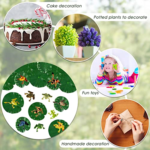 Hungdao 48 Pieces Mini Plastic Frog Toys ＆ Artificial Lily Pads, Include Colorful Realistic Frogs Rainforest Animals Pond Toys ＆ Floating Foam Leaves for Kids Sensory Bin Water Table Pool Cake Decor