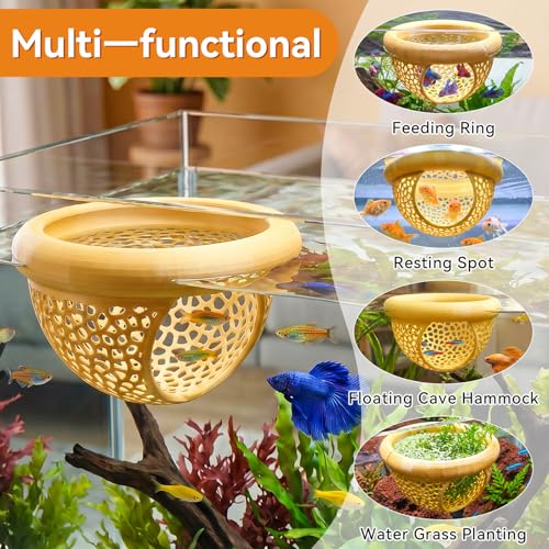 Floating Betta Shrimp Cave, Multi-Functional Aquarium Hammock for Hiding Feeding, Floating Betta Fish Skins with Feeding Ring, Tank Resting Spot for Small Fish Betta Shrimp (Wood) - color: Wood, size: Small