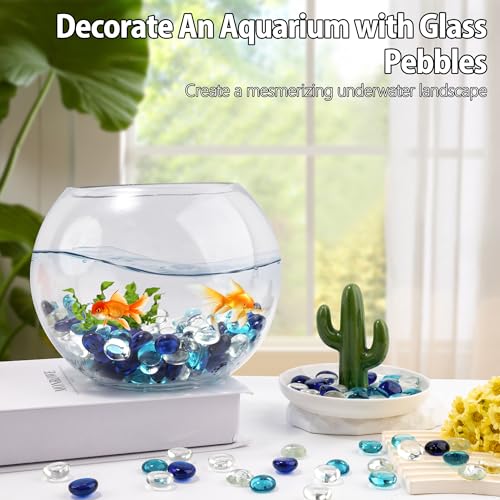 1LB Mixed Blue Glass Marbles, Transparent and Smooth Flat Glass Beads for Vases, Mosaic Gem Pebbles for Aquarium Decor, Floral Arrangements, Mancala Stones, Vase Filler and Crafts (Approx. 80-100 PCS) - color: Mixed Blue