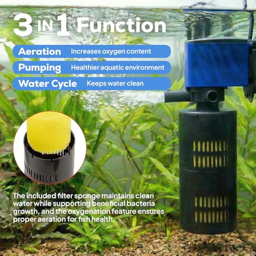 Aqua Dream 320 GPH Internal Aquarium Filter - 3 in 1 Submersible Powerhead Pump with Air Oxygenation & Sponge Filtration, 20W High-Performance Water Cycling Pump for Fish Tanks - 1 Pc - color: Blue; 1 Pc, size: 320 GPH with Filter
