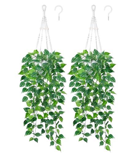 DREAMLOOM 2 Packs Fake Hanging Plants with Pots, Artificial Pothos Hanging Plants with Macrame Hanger for Indoor Decor, Fake Hanging Vines Faux Greenery for Home Kitchen Office - color: Pothos