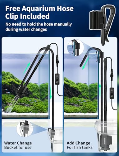 Gravel Vacuum for Aquarium, 6 in 1 Fish Tank Cleaner Tool Kit Electric Vacuum Gravel Cleaner for Aquarium Automatic Water Change, Wash Sand, Water Circulation,With Filter Cup, Hose Clamp (370GPH 22W)
