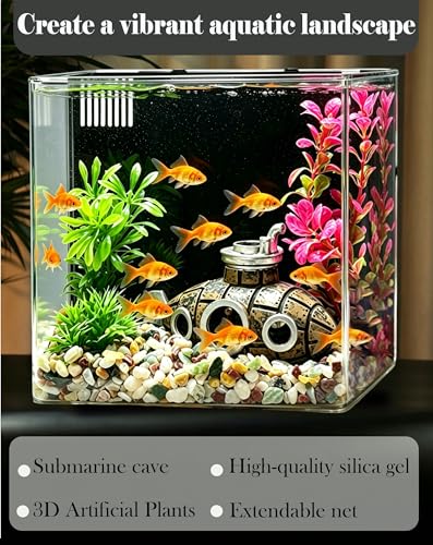 Aquarium Decor Set for Small Desktop Tanks, Includes Submarine Hide Cave, Artificial Plants, Stones & Fish Net, All-in-One Decorations Accessories for Betta, Shrimp & Cichlids