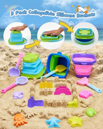 Unistylar Beach Toys, Sand Beach Toys for Toddlers with 3 Collapsible Foldable Sand Bucket and Shovels, Mesh Bag, Castle Animal Molds Sets, Travel Sandbox for Kids Age 3-10 - style: 3 Beach Buckets Set