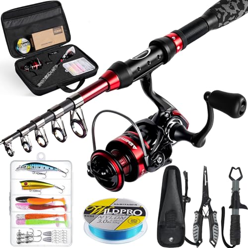Ghosthorn Fishing Rod and Reel Combo Collapsible Fishing Pole Telescopic Fishing Rod Combo Travel Portable Fishing Set Carbon Fiber with Carrier Bag for Saltwater Freshwater - size: 1.8m/6ft, style: Full Kit With Fishing Tools