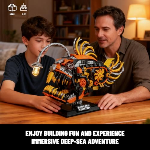 Mechanical Angler Fish Building Set with Light, Creative Ocean Lantern Fish Animal Toy for Home Office Decor, Compatible with Lego Shark, STEM Gift for Adults Teens Boys 8-14+ (1022 PCS) - color: Yellow