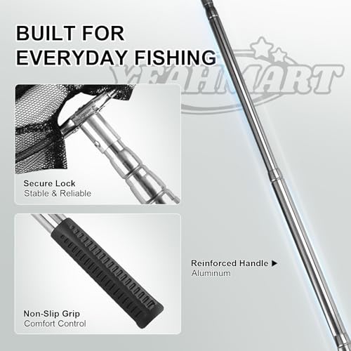 Yeahmart Fishing Landing Net with Telescopic Aluminum Handle Pole, Collapsible Nylon Mesh Minnow Fish Net for Saltwater & Freshwater, Portable Fishing Gear for Kids, Men, Women, Extends 21-75 Inches - style: 61.4" Full Length (4 Sectional Handle-round)