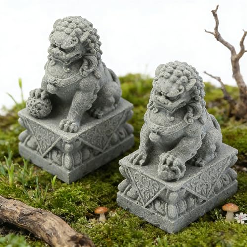 livelyfish Asian Fu Foo Dogs Statues Mini Pair of Two Guardian Lion Sandstone Figurine Pets Fish Tank Aquarium Landscape Ornaments Accessories Feng Shui Decorations (M2) - size: M2