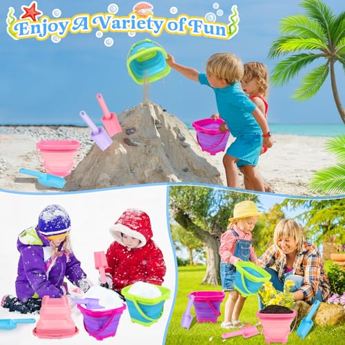 Collapsible Beach Buckets for Kids, Foldable Sand Buckets and Shovels with Mesh Bag, Silicone Sand Pails Travel Beach Toys for Toddlers Easter Egg Hunt, Camping and Fishing Water Pail - style: 3 Buckets