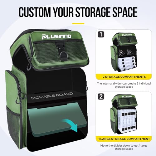 PLUSINNO Fishing Tackle Backpack with Rod Holders，42L Water-resistant Fishing Bag Store Fishing Gear,Fishing Gifts For Men. - color: Green