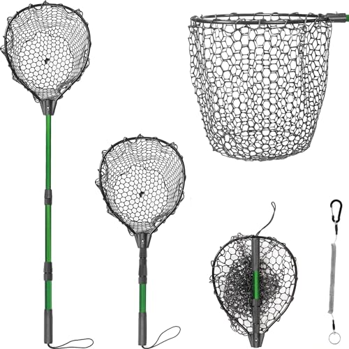 Rubber Fishing Net with Telescoping Handle - High Strength Landing Net for Fishing with Soft Rubber Netting, Two Sizes Options - size: M, Hoop Size: 17.3″ x 13″