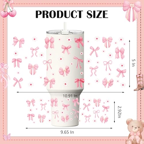 Pink Bows UV DTF Stickers - 3 Sheets Coquettte Bow Uvdtf Cup Wraps for 40 oz Glass Water Bottle, Cute Bear Flowers Waterproof Transfer Sticker DIY Coffee Mug Journal Guitar Craft Decals Decoration - style: Bows