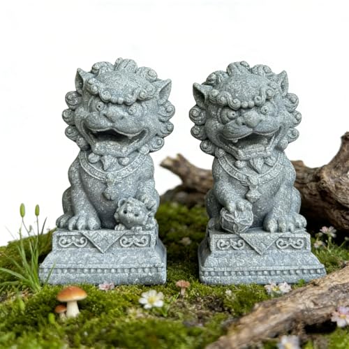 livelyfish Asian Fu Foo Dogs Statues Mini Pair of Two Guardian Lion Sandstone Figurine Pets Fish Tank Aquarium Landscape Ornaments Accessories Feng Shui Decorations (G) - size: G