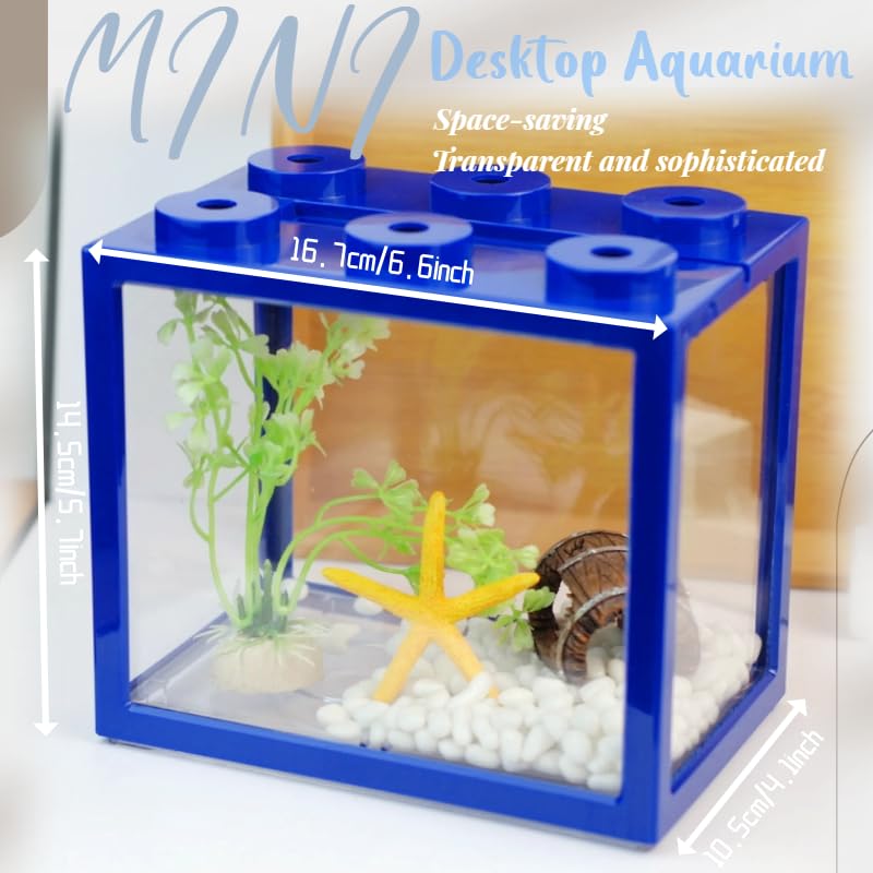 Small Betta Fish Tank, Stackable Mini Fish Tank Tiny Aquarium Tank Kit with Aquarium Gravel & Resin Decorations, 0.6 Gallon Cube Desktop Fishbowl for Snails, Crabs, Starfish (Blue) - color: Blue
