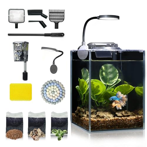 Desktop Small Aquarium Set Glass Fish Tank 1.25 Gallon, with Water Pump Filter Bright LED Light Gravel Cleaning Tool, Starter Kit Small Space Easy Setup Space-Saving Design Betta Shrimp