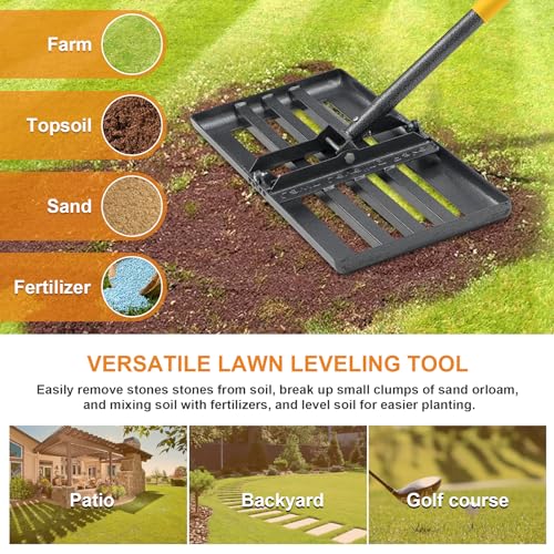 Lawn Leveling Rake, 60 inch 27"x10" Levelawn Tool, Heavy Duty Effort Saving Lawn Level Tool, Stainless Steel Handle Lawn Leveler for Yard Garden Golf Course, Ease Level Soil Sand Dirt Surfaces