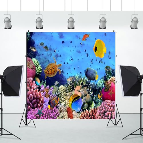 AOFOTO 8x8ft Underwater Ocean Coral Reef Backdrop Under The Sea Tropical Fish Sea Turtle Marine Life Photography Background Seabed World Nature Scene Aquarium Decor Kids Portrait Photo Shoot Props - size: 8x8ft