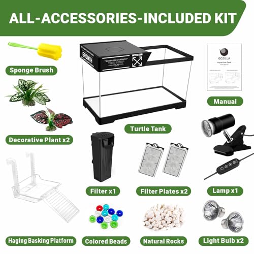 GOZILLA Aquatic Turtle Tank Kit+Lamp+Filter, Upgrade PC Turtle Tank Starter Kit with Adjustable Lamp & Filter,Reptile Habitat with Lid,Hanging Platform for Small Reptiles.(15.75×7.9×9''/Black Kit) - color: Medium-Black-KIT
