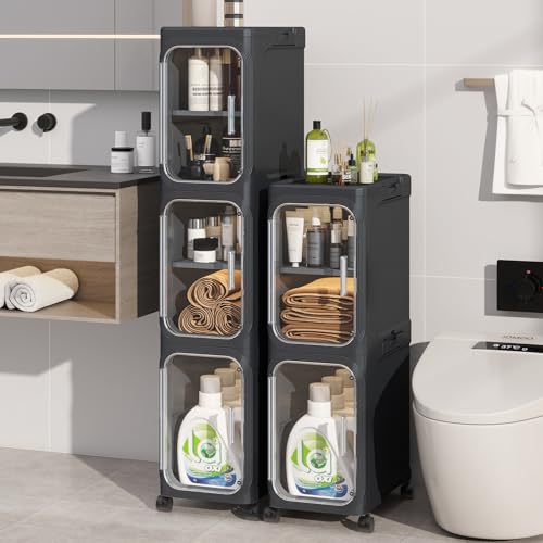 KHNR 5-Tiers Slim Bathroom Storage Cabinet, Foldable Storage Cabinets,Narrow Bathroom Storage,Movable Bathroom Storage Organizer for Small Spaces,Bathroom,Kitchen,Laundry,Black - color: Black, size: 5-Tiers