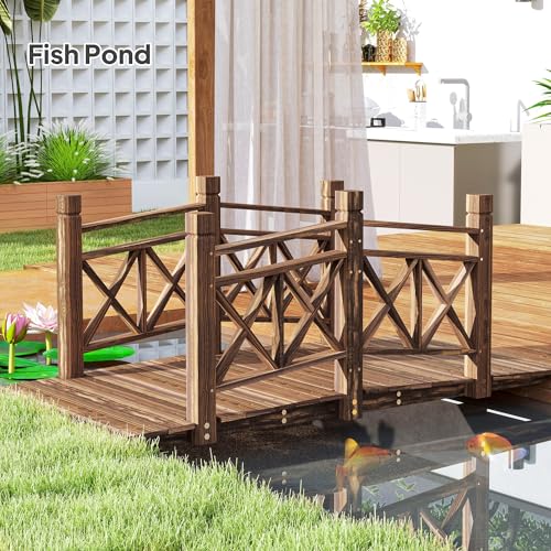 Outsunny 5 ft. Wooden Garden Bridge with Safety Rails, Backyard Bridge Footbridge for Ponds, Creeks, Streams, Carbonized - color: Carbonized