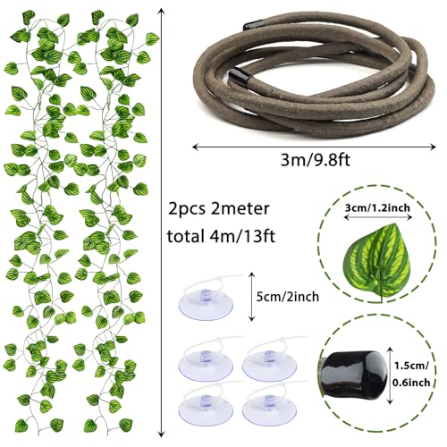 Reptile Tank Accessories, Artificial Plants Vines and Flexible Leaves With Suction Cups, Crested Gecko Tank Long Vines Hide for Climbing, Chameleon, Lizards