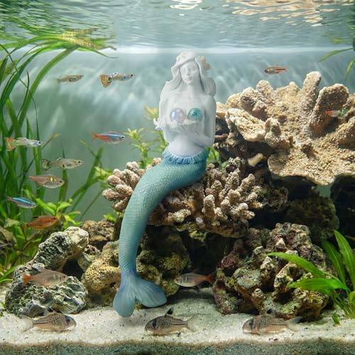 Unique Mermaid Aquarium Decorations - Resin Fish Tank Décor Thematic Ornaments, Waterproof & Non-Toxic Mermaid Statue for Enchanting Aquarium Display, Item (Blue)