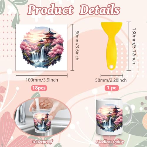 Peacoblue 18 Sheets Rub on Transfers for Crafts, Japanese Elements 3.6"x3.9" UV DTF Cup Wraps Waterproof Cold Transfers Stickers for Wood Glass Metal Cup Tumblers Mirrors Mugs Home Decor - style: Japanese Elements