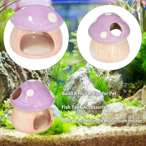 Ceramic Fish Tank Decor, Cute Mushroom House Aquarium Decorations, Betta Tank Accessory Hideout Caves Ornament for Small Fish Goldfish Shrimp Toad Reptiles (Purple) - color: Purple
