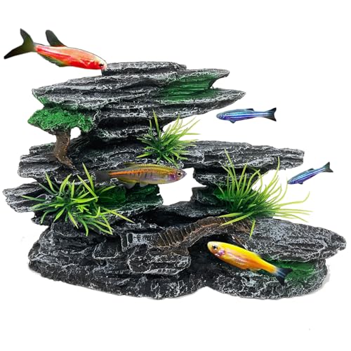 Aquarium Mountain View Stone Ornament Tree Rock Cave Aquarium Decorations for Fish Tank Decorations for Small Fish Tank - 7.5 Inches Long - color: Black Mountain View, size: Small - Mountain View