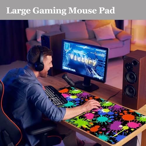 Desk Mat, Desk Matt for Desktop, Neon Paint Splatter XXL Large Gaming Mouse Pad with Non-Slip Rubber Base Stitched Edges Waterproof Keyboard Desk Pad for PC Gaming, Laptop, Computer, Work, Office - color: Pigment Paint Splashes, size: 31.5" x 15.7"