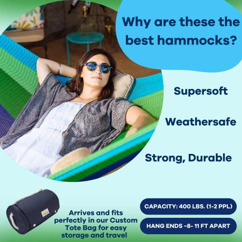 Handwoven Hammock by Yellow Leaf Hammocks - Double Size, Fits 1-2 PPL, 400lb max - Weathersafe, Super Strong, Easy to Hang, Ultra Soft, Artisan Made - Color: Blue - Green - color: Lanta- Blue and Green, size: Fits 1-2 People (400 lb. Capacity)