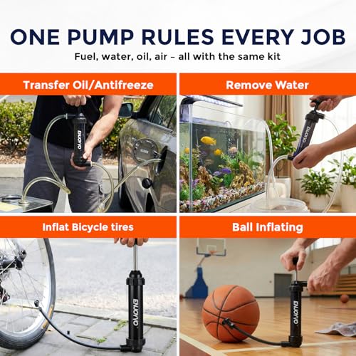 Siphon Pump for Gasoline - Manual Fluid Transfer Pump with Shark-Bite Lock-on Connector, High Flow 3 Gal/Min Hand Fuel Pump for Gas Diesel Oil, Transparent Body + Air Inflator for Balls Swim Rings