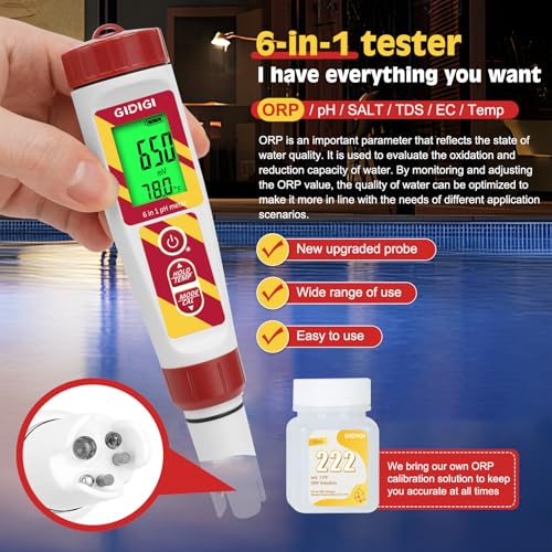6 in 1 pH Meter Salt Tester TDS EC Pen for Pool Water | Digital Salinity Pen for Water Pool, Calibration Kits Included, High Accuracy Salinity pH ORP EC and TDS Meter - color: White