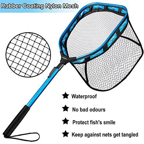 PLUSINNO Floating Fishing Net for Steelhead, Salmon, Fly, Kayak, Catfish, Bass, Trout Fishing, Rubber Coated Foldable Landing Net with Fixed or Telescoping Pole Handle, Fishing Gear and Gifts for Men - color: 11.8"/30cm Hoop Size 0.8M Blue Pole (Fixed Pol
