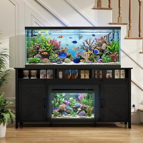 VOWNER 75-120 Gallon Fish Tank Stand with Power Outlet, Farmhouse Aquarium Stand with Storage Cabinet & Sliding Barn Doors, Heavy Duty Reptile Tank Stand, for 2 Tanks, 1000LBS Capacity, Black - color: Black