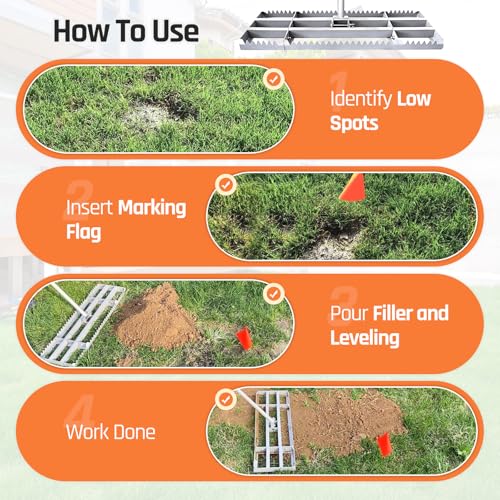 Lawn Leveling Rake, 2-in-1 Double-Side Leveler with 20 Marking Flags for Low Spot, 30" Heavy Duty Stainless + Powder Coated Landscape Rake, Flat & Serrated Side for Soil Dirt Sand Gravel, Yard Garden