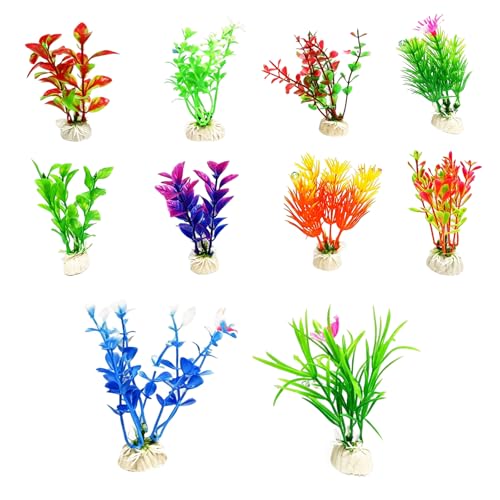 10Pcs Aquarium Artificial Plastic Plants, Colorful Fake Fish Tank Decorations with Ceramic Base, Realistic Aquarium Plants Suitable for Aquarium Landscape and Fish Hideout (Colorful) - color: Colorful
