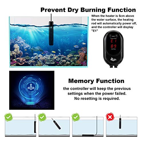 AQQA Submersible Aquarium Heater,100W/200W/300W/500W/800W/1000W/1200W Fish Tank Heater,External Temperature Controller LED Temperature Display,Suitable for Saltwater and Freshwater(100W) - size: 100W (for 25-35 gallon)